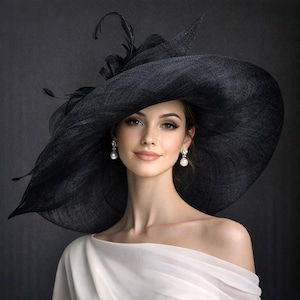 M22019 (Schwarzer Hut) Kentucky Derby Hut Kirchenhut Hochzeitshut Tea Party Hut Big Bow & Lange Federn Sinamay Floppy Hut mit breiter Krempe