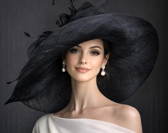 M22019 ( Black hat ) Kentucky Derby hat Church hat Wedding hat Tea Party hat Big Bow & Long Feathers Sinamay Floppy Wide Brim Hat