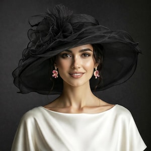 ED319 ( Blush pink ) Kentucky Derby hat, Church hat, Wedding hat, with Ribbon Bow and Feathers Medium Brim 5" Organza Dress Hat Black