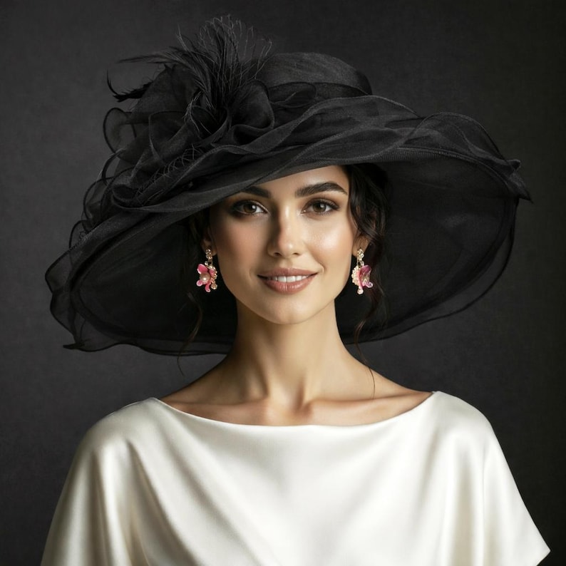 ED319 ( Blush pink ) Kentucky Derby hat, Church hat, Wedding hat, with Ribbon Bow and Feathers Medium Brim 5" Organza Dress Hat Black