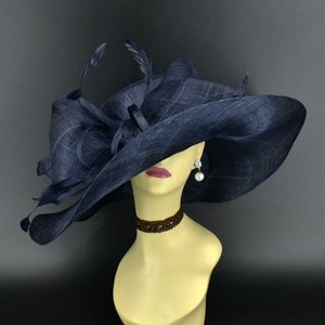 M22019 ( Navy hat ) Kentucky Derby hat Church hat Wedding hat Tea Party hat Big Bow & Long Feathers Sinamay Floopy Wide Brim Hat