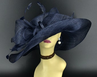 M22019 ( Navy hat ) Kentucky Derby hat Church hat Wedding hat Tea Party hat Big Bow & Long Feathers Sinamay Floopy Wide Brim Hat