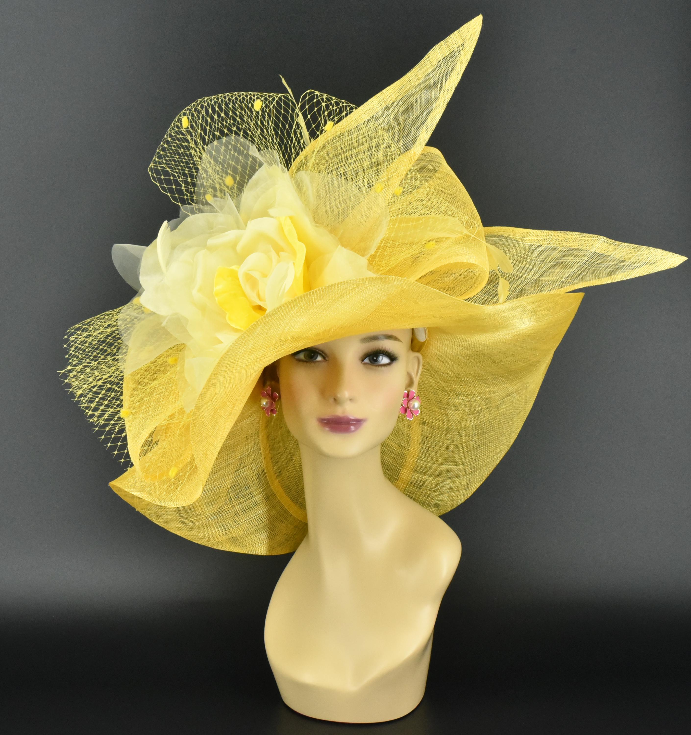 New Kentucky Derby Oaks Yellow Stargazer Lily Wide Brim Boater Oaks Sinamay Hat M22021( Gold ) Kentucky Derby Hat, Wedding Hat, Easter Hat  main image 3