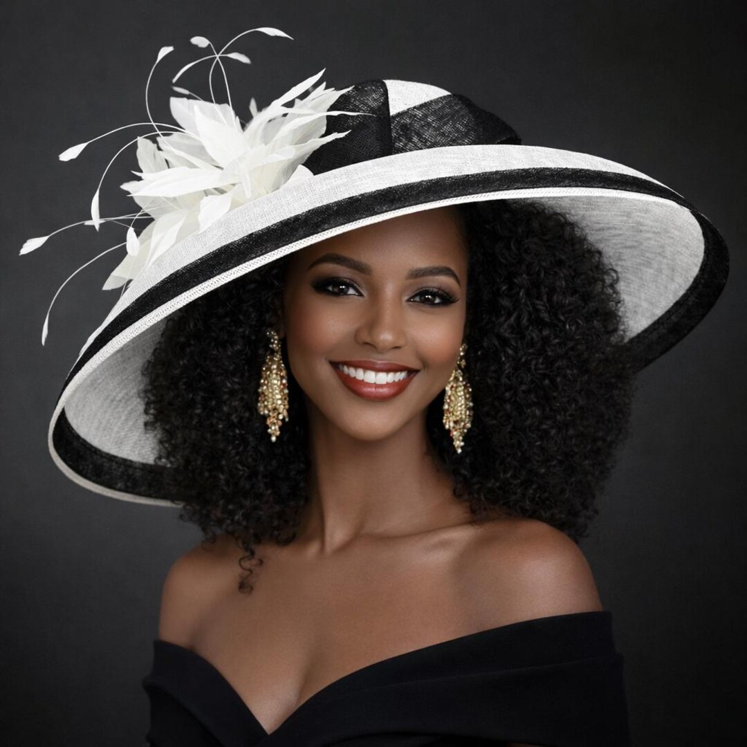 M22025F White Black – Audrey Hepburn Hat | 19.75” Jumbo Wide-brim