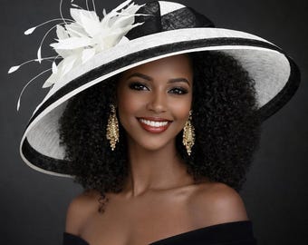 M22025F White Black – Audrey Hepburn Hat | 19.75” Jumbo Wide-Brim Sinamay Derby Hat
