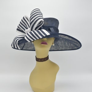 M612( Navy/White )Kentucky Derby, Church, Wedding, Tea Party 3 Layers 3.5~6.5" Wide Brim with Jumbo Bow Sinamay Hat