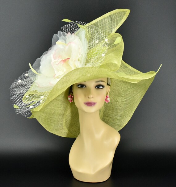 Large ivory Kentucky Derby Panama with green silk bow Cream Green Bow Kentucky Derby Fascinator, Royal Ascot Hat  main image 3