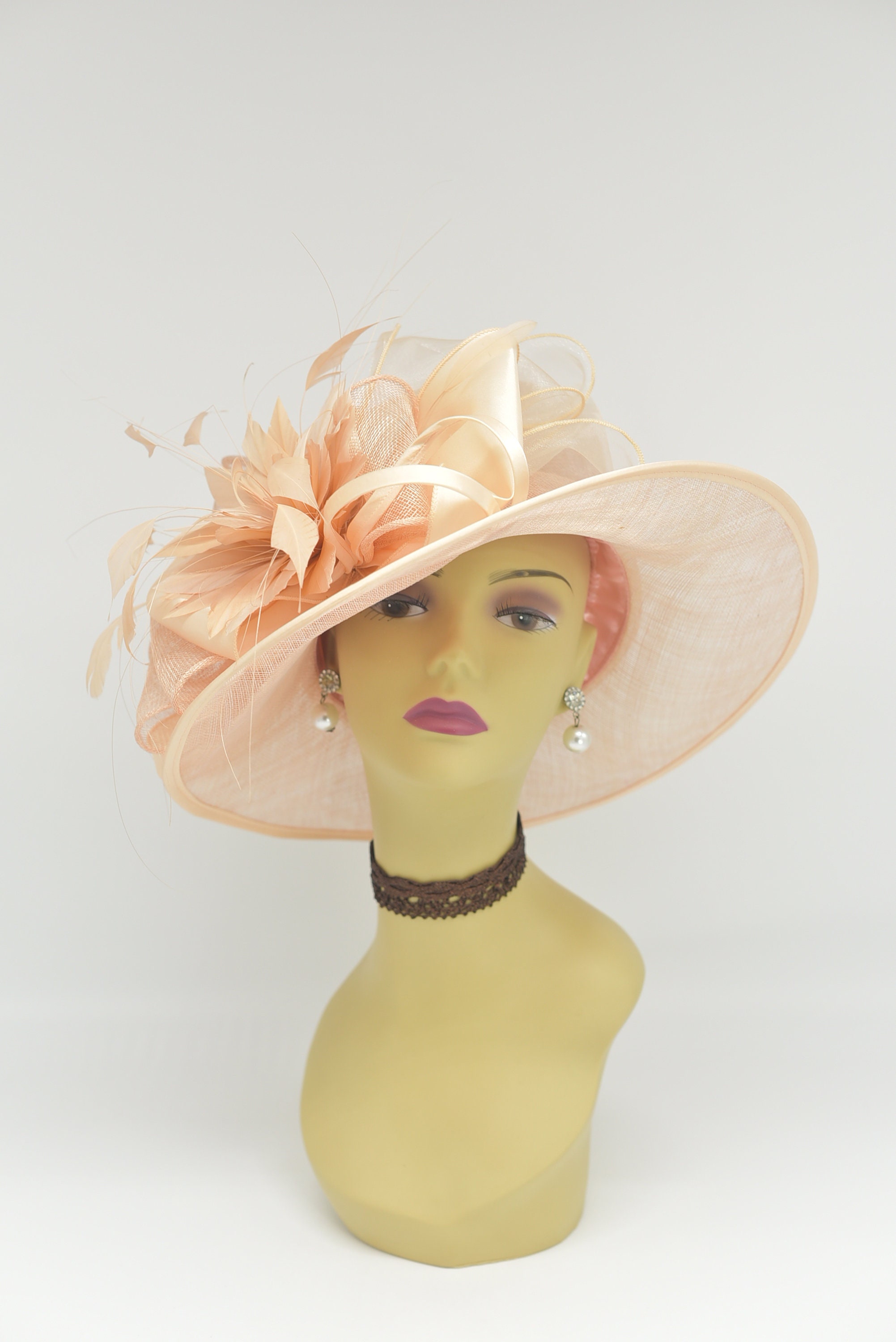 Women’s Decorative Wide-Brim Hat with Peach Feather Trim Peach Church Hat - Etsy main image 3