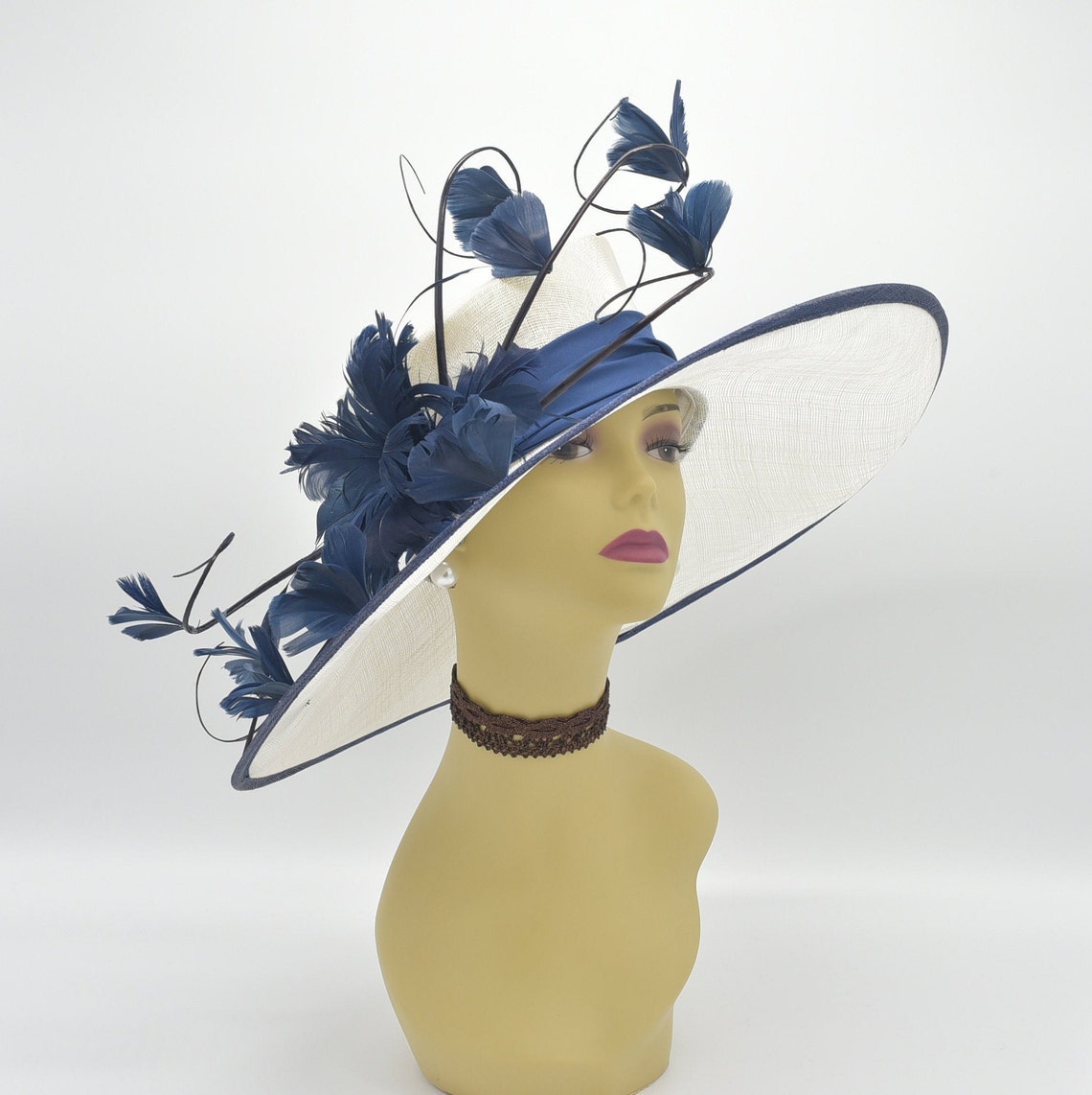 SF81 White/Navy Blue Kentucky Derby Hat Church Hat Wedding Etsy