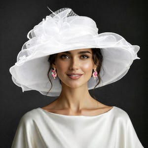 ED319 ( Blush pink ) Kentucky Derby hat, Church hat, Wedding hat, with Ribbon Bow and Feathers Medium Brim 5" Organza Dress Hat White