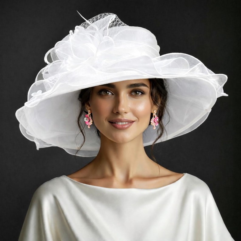 ED319 ( Blush pink ) Kentucky Derby hat, Church hat, Wedding hat, with Ribbon Bow and Feathers Medium Brim 5" Organza Dress Hat White