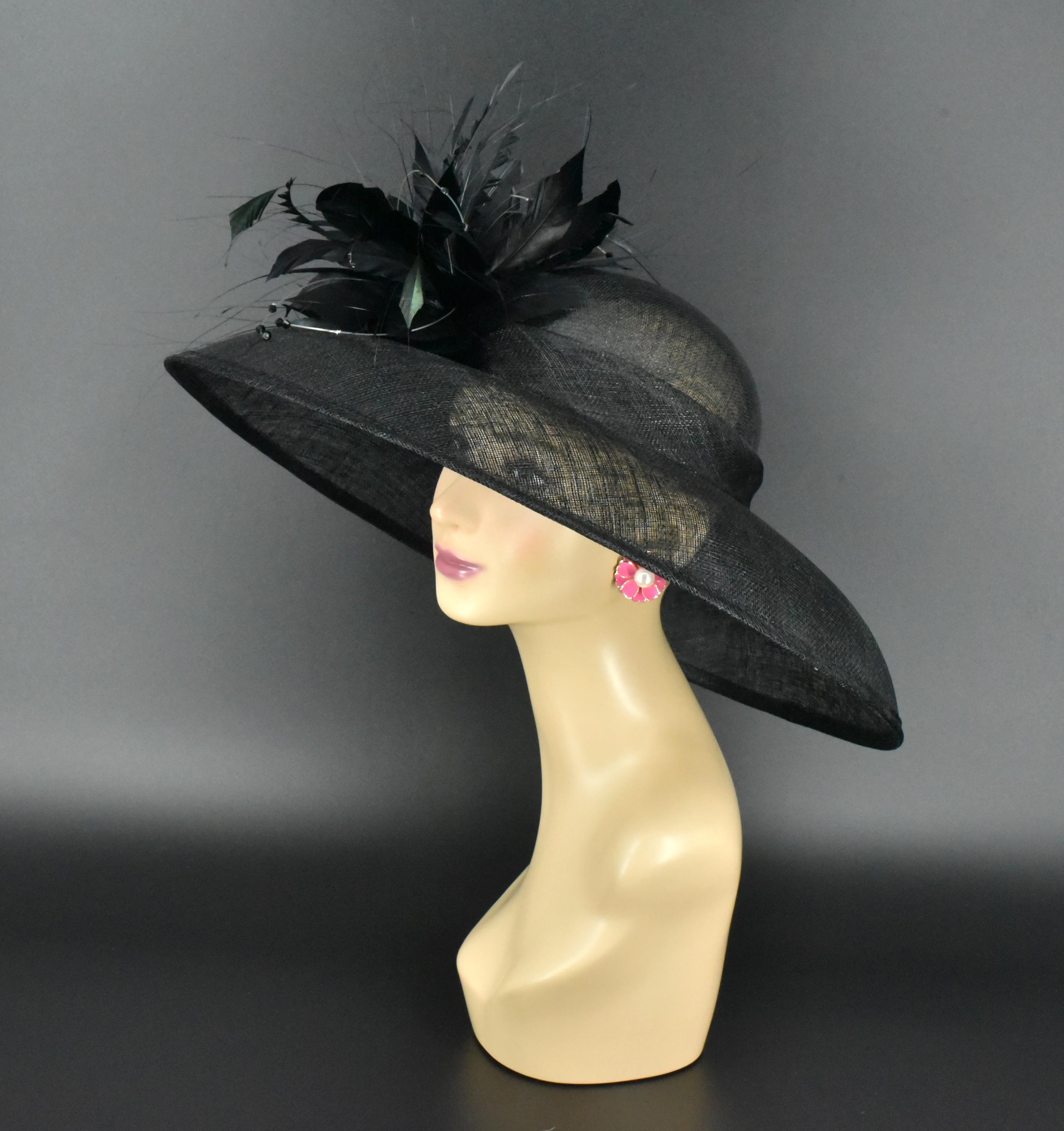 M22027 ( Black Hat) Audrey Hepburn Hat With Feather Flower 