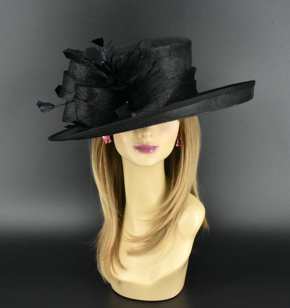 KY Derby Church Black Feather Sinamay Disc Hat Wide Brim Formal Fascinator Black Sinamay Fascinator, Wide Brim Kentucky Derby Hat - Etsy main image 2