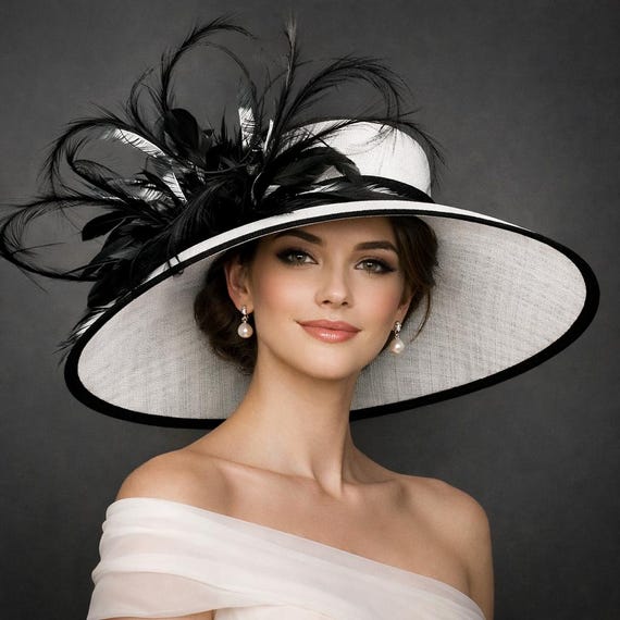 Black Felt Top Hat With White Toole Band, Silk Flowers, Feathers and Netting Womens Black Wool Felt Floral Veil Netting Feather Wide Brim  main image 4