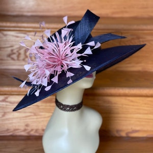 M937( Darker Navy Blush pink hat )  Kentucky Derby hat Wedding hat Easter Royal Ascot Hat 2 Feather Flowers Wide Brim Woman Sinamay Hat