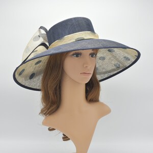 M95( Navy/Beige/Natural )Kentucky Derby Hat, Church Hat, Wedding Hat, Easter Hat, Tea Party Polka Dot Big Bow Wide Brim Woman's Sinamay Hat