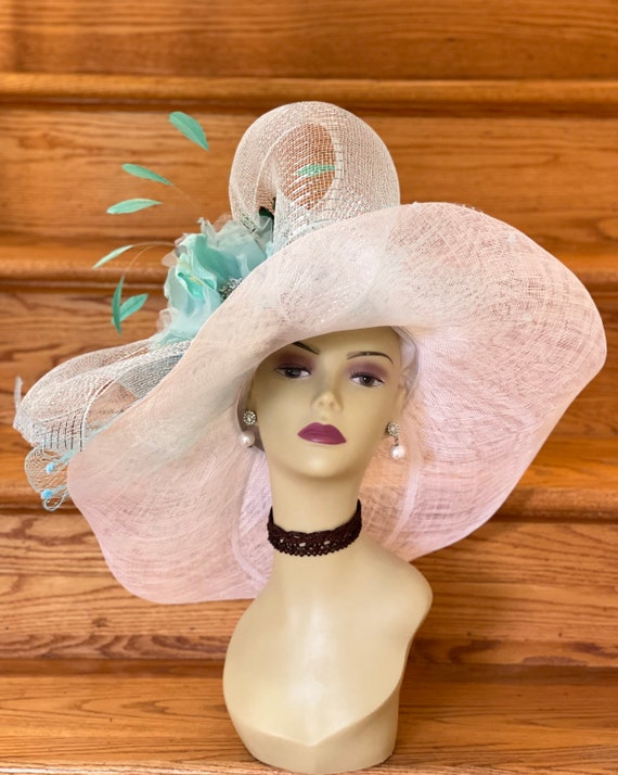 SD21 1 off white mint turquoise Kentucky Derby Hat Wedding Hat Horse Race Hat Mesh Bows Veil Silk Flower Wide Brim Hat Etsy UK
