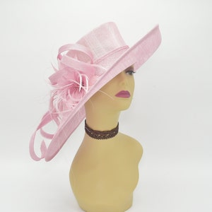 M1515( Pink ) Kentucky Derby Hat, Church, Wedding, Easter, Tea Party, Royal Ascot Feather flower & Ribbon Wide Brim Sinamay Hat