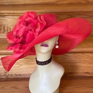 M509 ( Red/black ) Kentucky Derby hat, Church hat, Wedding hat, Tea Party hat Jumbo 22&quot; Silk Flower Floopy Wide Brim Woman Sinamay Dress Hat