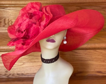 M509 ( Red/black ) Kentucky Derby hat, Church hat, Wedding hat, Tea Party hat Jumbo 22" Silk Flower Floopy Wide Brim Woman Sinamay Dress Hat