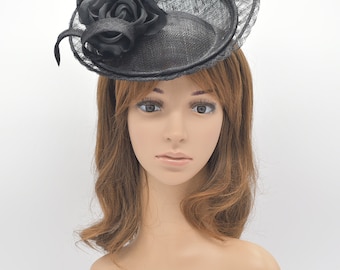 MF9206( Black+more colors ) Kentucky Derby, Wedding, Easter, Tea Party, Royal Ascot Sinamay Silk Flower Headband Medium Fascinator Cocktail