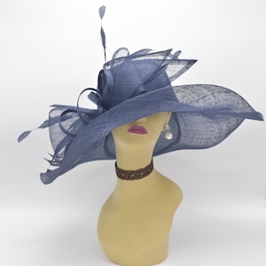 May include: A wide-brimmed hat in a blue shade, featuring a large bow and feathers. The hat is crafted from a fine, woven fabric.