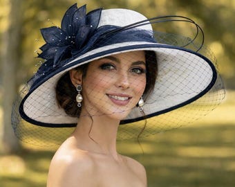 M489V ( White Navy Hat )kentucky Derby Hat, Church Hat  display picture 1