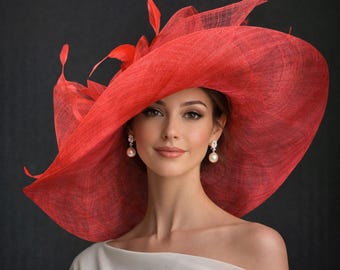 M22019 ( Red hat ) Kentucky Derby hat Church hat Wedding hat Tea Party hat Big Bow & Long Feathers Sinamay Floopy Wide Brim Hat