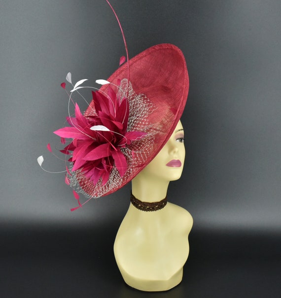 Large Burgundy Sinamay Fascinator Headband Wedding Kentucky Derby Ascot Floral MF173-1 ( Red )jumbo Kentucky Derby Wedding Easter Tea Party  main image 4