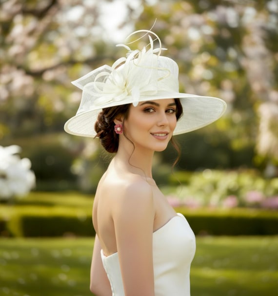 Ivory/Beige Sinamay Derby Hat with ivory coque feathers, glittered, metal ivory M9031( Ivory + More Colors Options ) Kentucky Derby Hat  main image 3