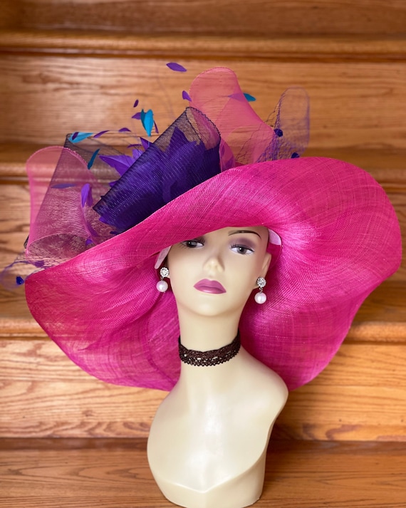 Fuchsia and Teal Feathered Derby Hat Kentucky Derby Hat Fascinator Fuchsia Magenta Satin Teal  main image 4
