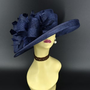 M4002 Navy blue hat Kentucky Derby hat, Church hat, Wedding hat, Easter hat, Mother of Bride hat, Royal Ascot hat, Med Brim Sinamay Hat image 6