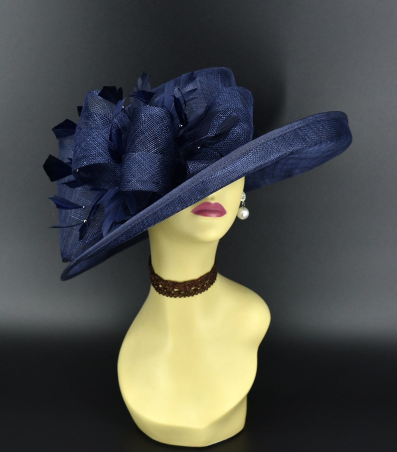 M4002 Navy blue hat Kentucky Derby hat, Church hat, Wedding hat, Easter hat, Mother of Bride hat, Royal Ascot hat, Med Brim Sinamay Hat image 6