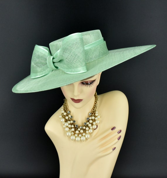 EUC mint green felt adjustable hat with broach. M23155 ( Mint Green ) Wide Flat-brim Sinamay Fascinator Hat  main image 3