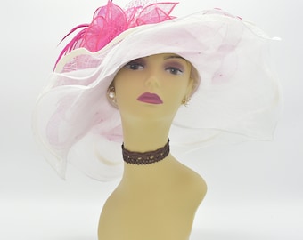 ED4199(White/Off-white/Fuchsia)Kentucky Derby Hat, Church Hat, Wedding Hat, Easter Hat, Tea Party Hat Sinamay & Organza Floopy Wide Brim Hat