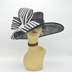 M612( Black/White )Kentucky Derby, Church, Wedding, Tea Party 3 Layers 3.5~6.5" Wide Brim with Jumbo Bow Sinamay Hat