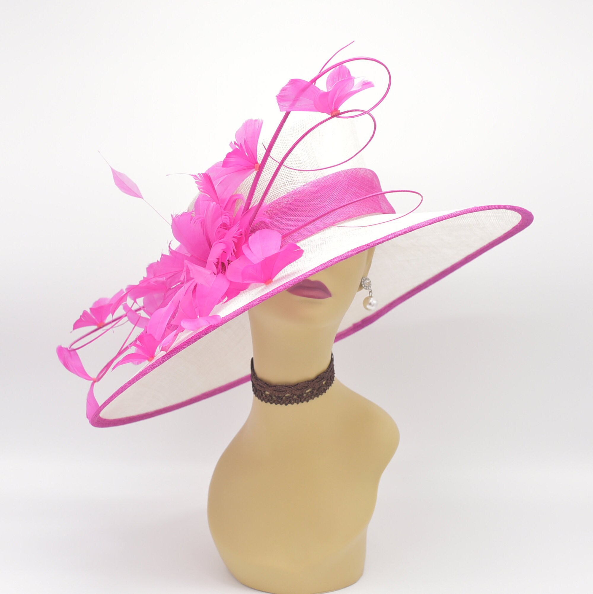 Kentucky Derby Party Fuchsia Feathered Sinamay Disc Hat - Women Formal Headwear Black Sinamay Kentucky Derby Hat, Fuchsia Feather Flower - Etsy main image 4