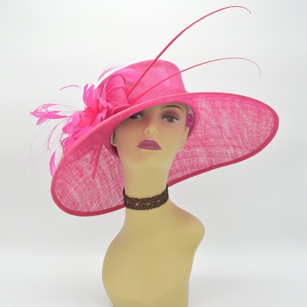 M97 (rosa fuerte) Sombrero Derby de Kentucky, sombrero de iglesia, sombrero de boda, sombrero de Pascua, sombrero de fiesta de té, sombrero formal Sombrero de Sinamay de ala ancha con flores de plumas