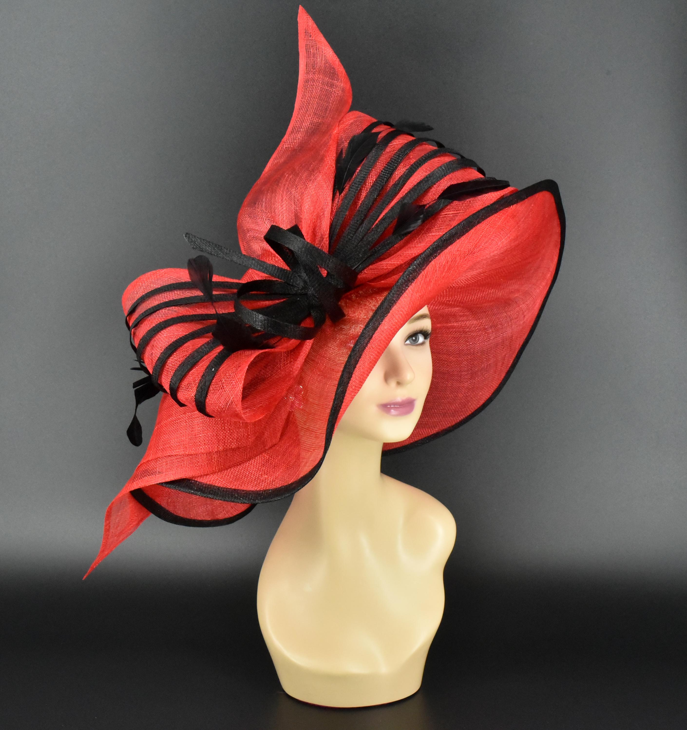 Straw Hat Red Sinamay Wide Brim Fascinator Oversized Bow Derby Style Burgundy Wide Brim Sinamay Hat Church Kentucky Derby Hat  main image 4