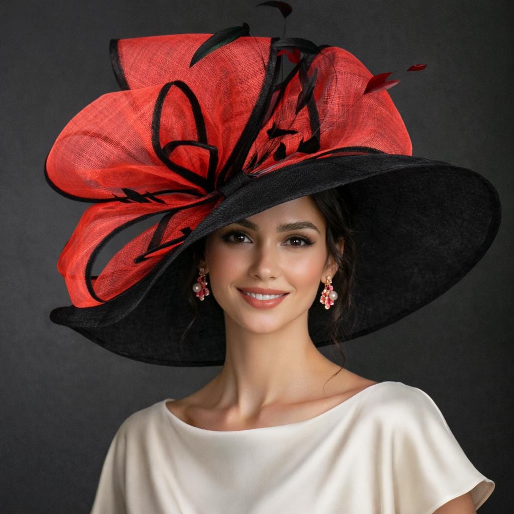 Black sinamay hat Fascinator with fire engine red abaca silk oversized bow MF9006 Red/black Sinamay Fascinator Hat With Sculptural  main image 4