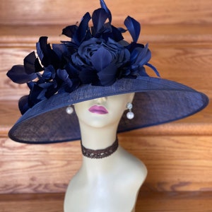 SD951 ( Navy Blue )Kentucky Derby Hat, Church Hat, Wedding Hat, Easter Hat, Tea Party Hat Wide Brim Woman&#39;s Sinamay Hat
