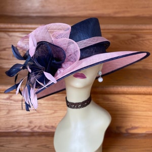 M916 ( Pink/Navy )Kentucky Derby hat Church Wedding Easter hat Tea Party Formal Hat 3 Layers & Big Bows Feathers Wide Brim Sinamay Hat