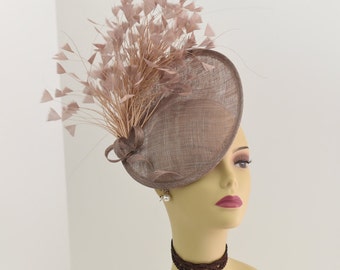 MF12( Taupe) Kentucky Derby, Wedding, Tea Party Royal Ascot Sinamay Base feather bouquet, Headband Large Fascinator Cocktail