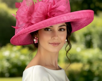 M4003 (Chapeau rose vif) Derby du Kentucky, chapeau d'église, chapeau de mariage, chapeau de Pâques, chapeau de mère de la mariée, chapeau lavallière, chapeau Sinamay à bord moyen