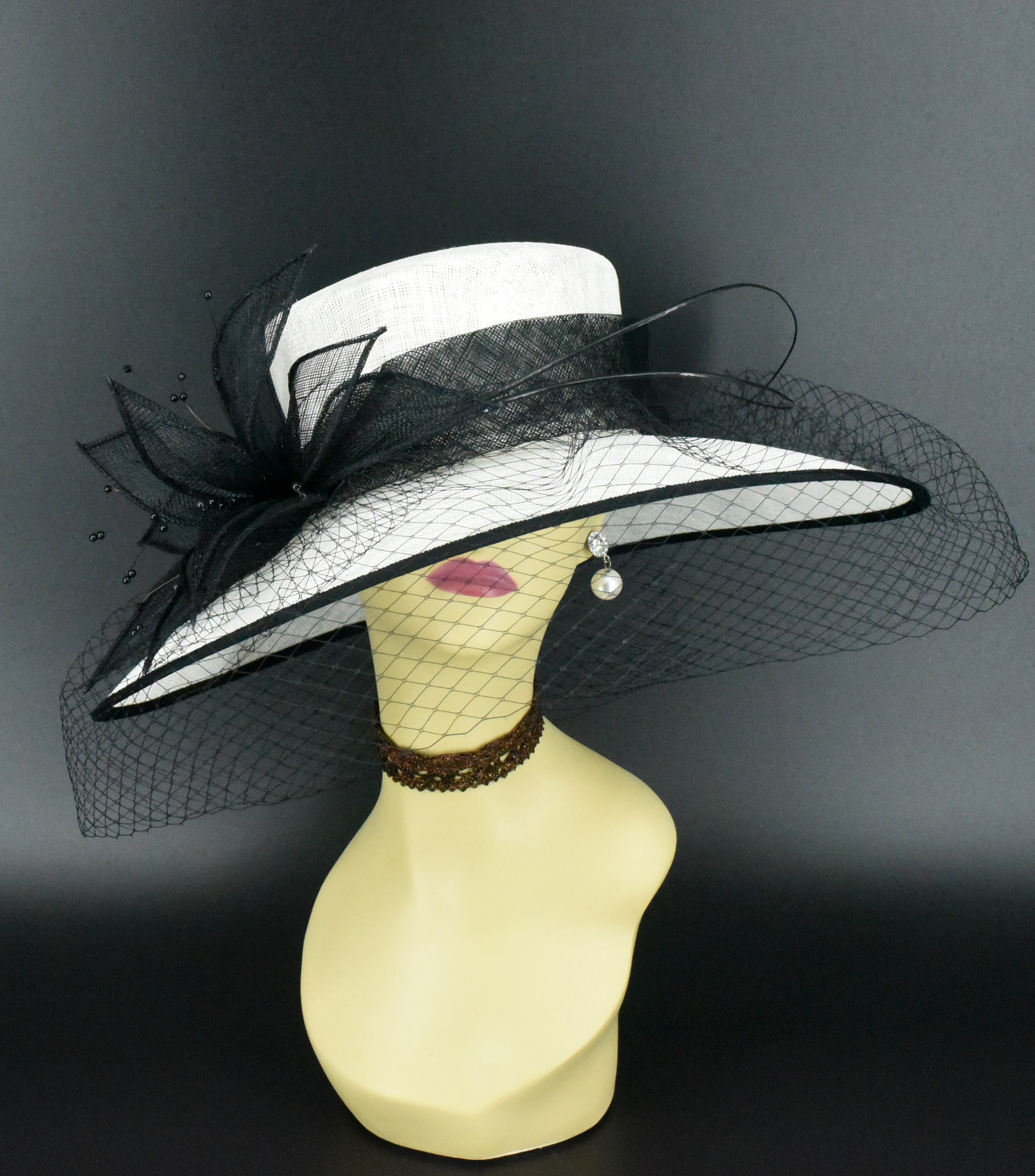 M489V ( White Black Hat )kentucky Derby Hat, Church Hat