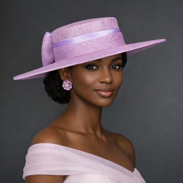 M23156 ( Lilac ) Medium Flat-brim Sinamay Fascinator hat for Kentucky Derby hat, Church hat, Wedding hat, Easter hat, Ascot hat