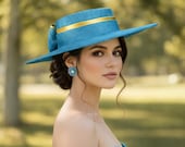 M23156 ( Teal Blue/gold ) Medium Flat-brim Sinamay Fascinator Hat