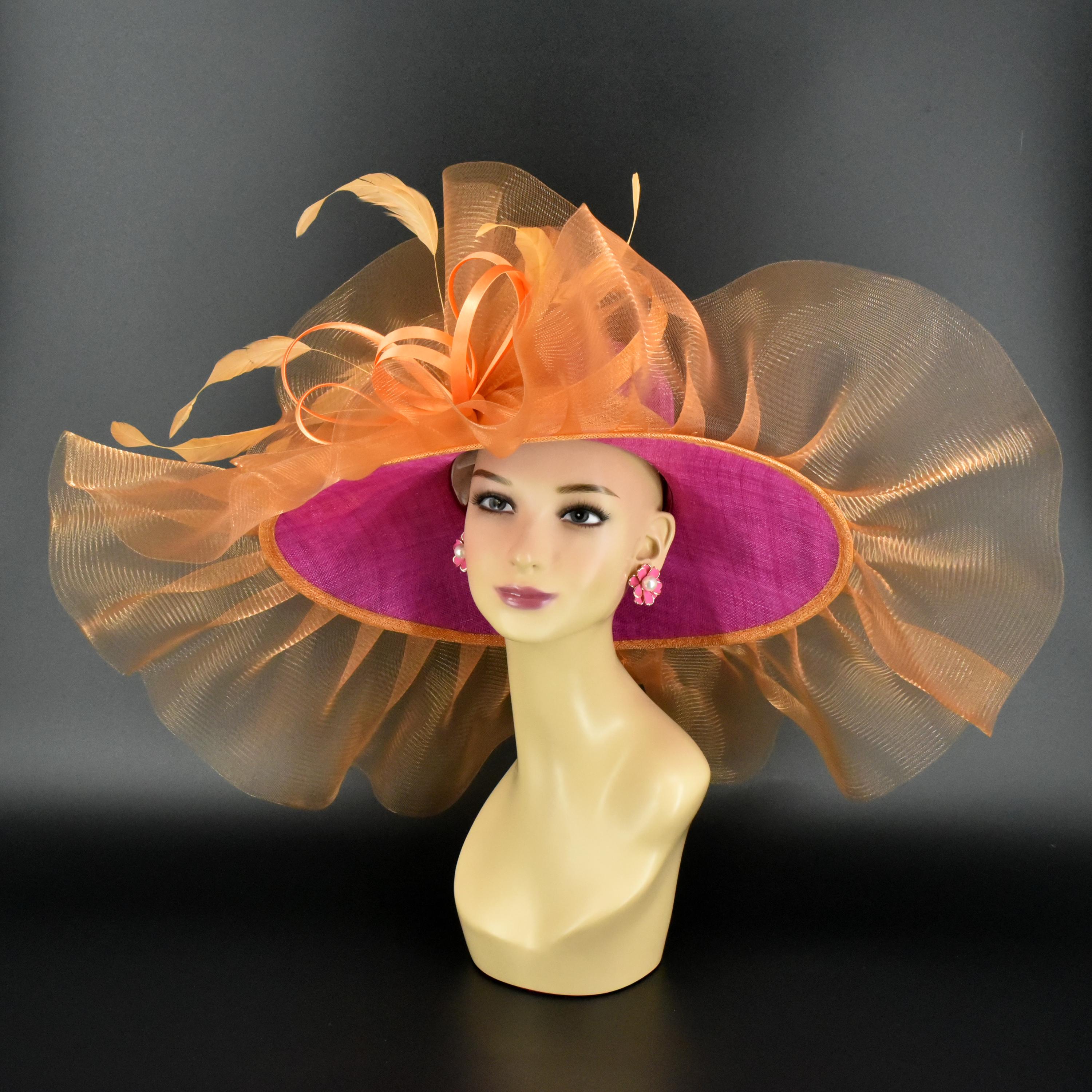 ME241 ( Fuchsia Orange Hat) Kentucky Derby Hat, Wedding  display picture 2