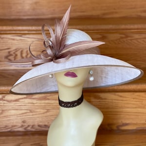 M839(White/Taupe)Vintage Kentucky Derby, Church, Wedding, Easter Hat, Tea Party Hat, Formal Hat & Large Feathers Wide Brim Sinamay Hat