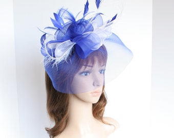 M406 ( Royal Blue/Ivory ) High Quality Kentucky Derby, Wedding, Tea Party Polyester Organza w Feather Headband Medium Fascinator Cocktail